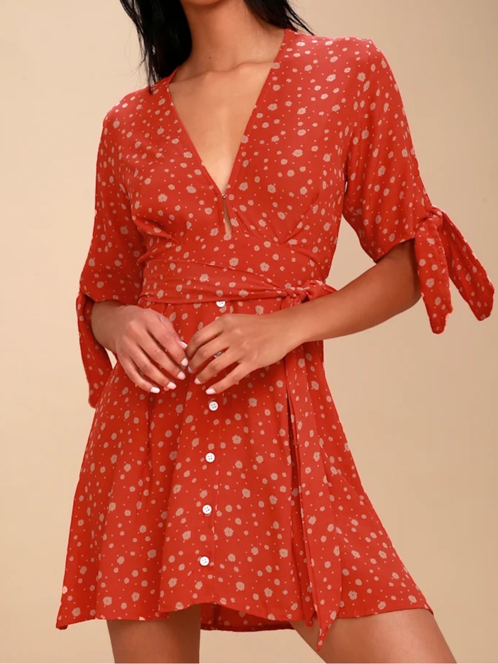 Faithfull The Brand Birgit Coral Red Floral Tie-Sleeve Mini Dress Womenβs XS